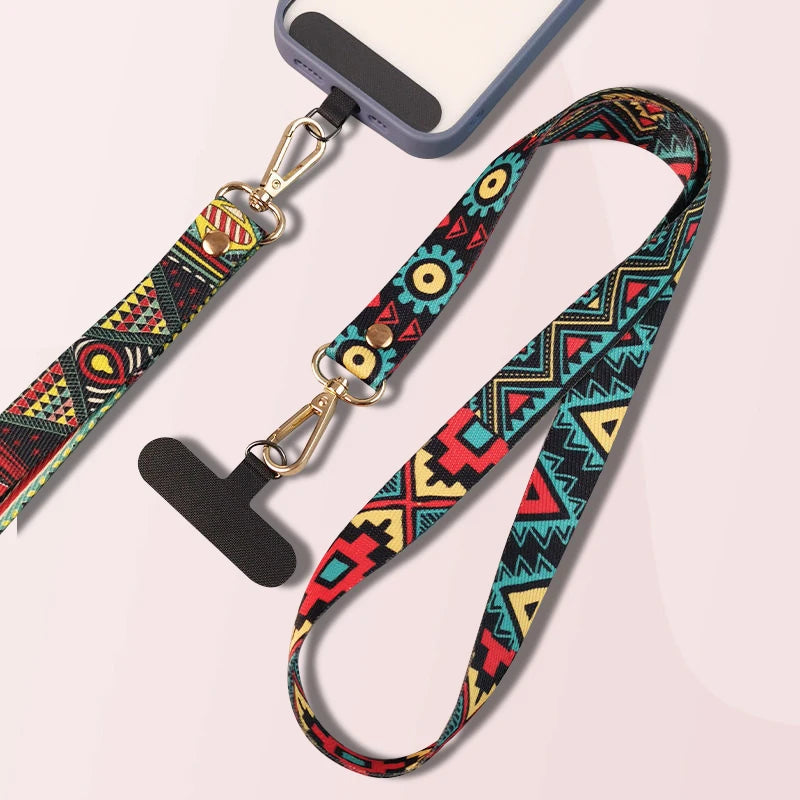 Long Crossbody Lanyard Retro Ethnic Style Adjustable Neck Phone Strap AntiLoss Nylon canvas Lanyard With Universal Clip Gaske