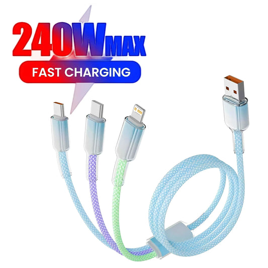 3 in1 Charging Cable Multi Usb Port Multiple Usb Charging Cord Type C Charger Mobile Phone Wire For iPhone 17 16 15 Xiaomi