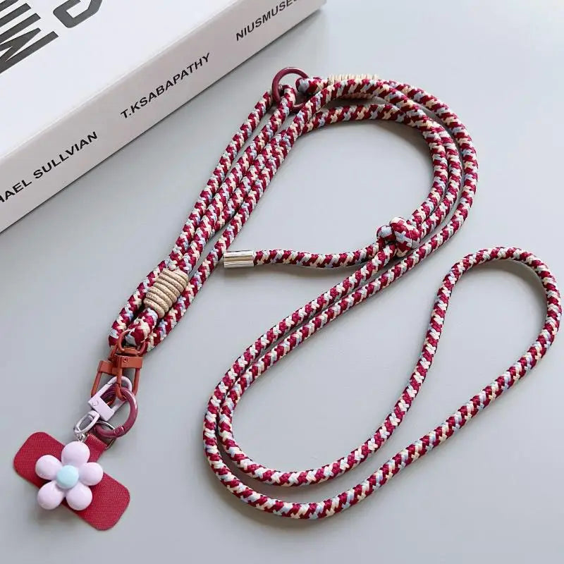 1Pc Nylon Phone Strap With Flower Pendant & Card Charms Colorful Long Phone Lanyard Detachable Anti Lost Phone Shoulder Strap