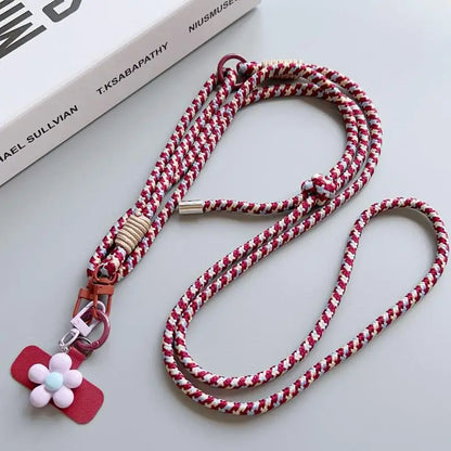 1Pc Nylon Phone Strap With Flower Pendant & Card Charms Colorful Long Phone Lanyard Detachable Anti Lost Phone Shoulder Strap