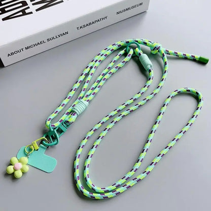 1Pc Nylon Phone Strap With Flower Pendant & Card Charms Colorful Long Phone Lanyard Detachable Anti Lost Phone Shoulder Strap