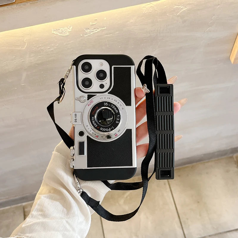 New Soft TPU+Hard PC Camera Shaped Lanyard Shockproof Phone Case For iPhone 16 Pro Max 14 11 12 13 15 Pro Max Bumper Back Cover