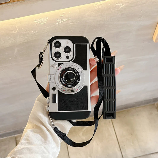 New Soft TPU+Hard PC Camera Shaped Lanyard Shockproof Phone Case For iPhone 16 Pro Max 14 11 12 13 15 Pro Max Bumper Back Cover