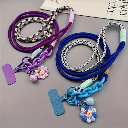 Fashion Colorful Phone Lanyard Crossbody Braided Rope Shoulder Strap Neck Multi-Functional Anti-Loss Strap With Flower Pendant