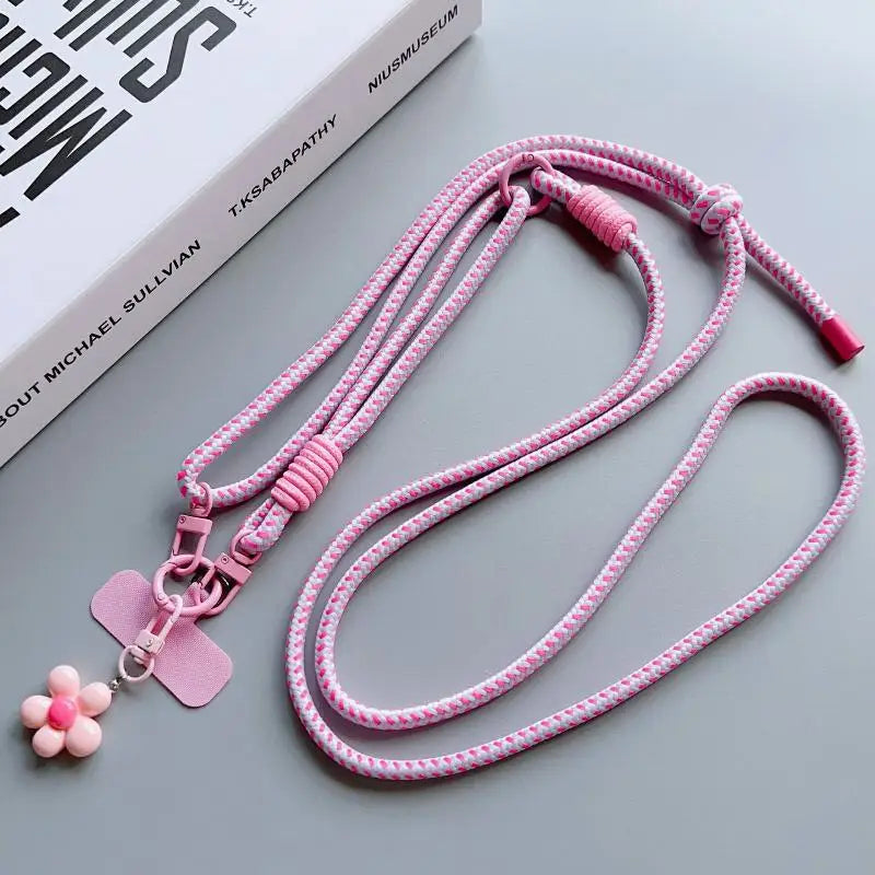 1Pc Nylon Phone Strap With Flower Pendant & Card Charms Colorful Long Phone Lanyard Detachable Anti Lost Phone Shoulder Strap
