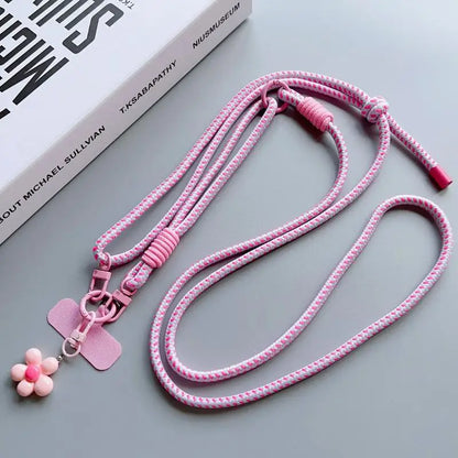 1Pc Nylon Phone Strap With Flower Pendant & Card Charms Colorful Long Phone Lanyard Detachable Anti Lost Phone Shoulder Strap