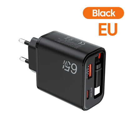 65W USB Phone Charger With Retractable Super Fast Charging Type C Cable For iPhone 17 16 POCO Xiaomi QC 3.0 USB PD Wall Charger