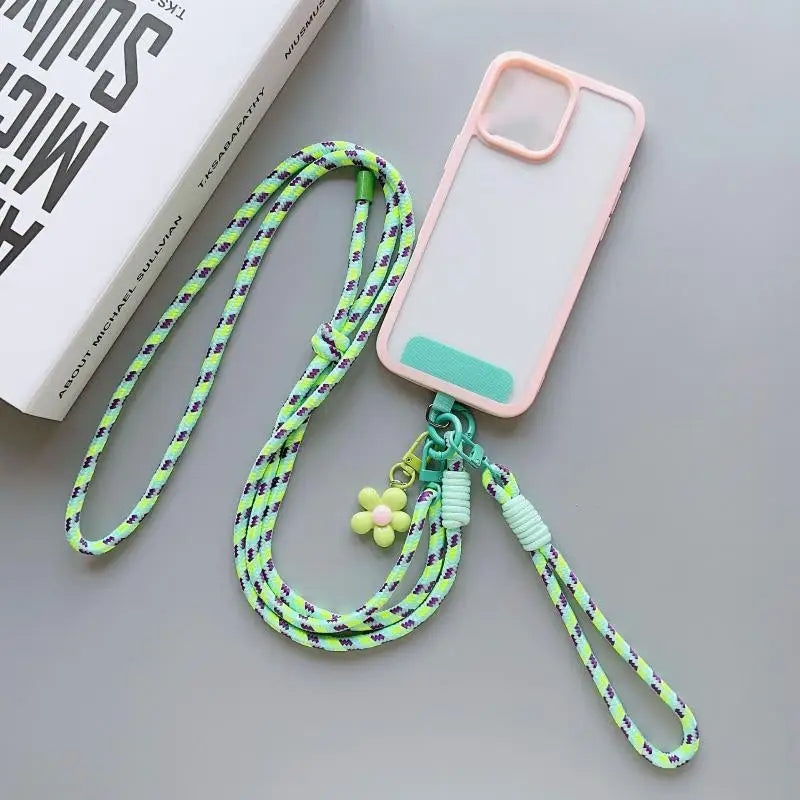 1Pc Nylon Phone Strap With Flower Pendant & Card Charms Colorful Long Phone Lanyard Detachable Anti Lost Phone Shoulder Strap