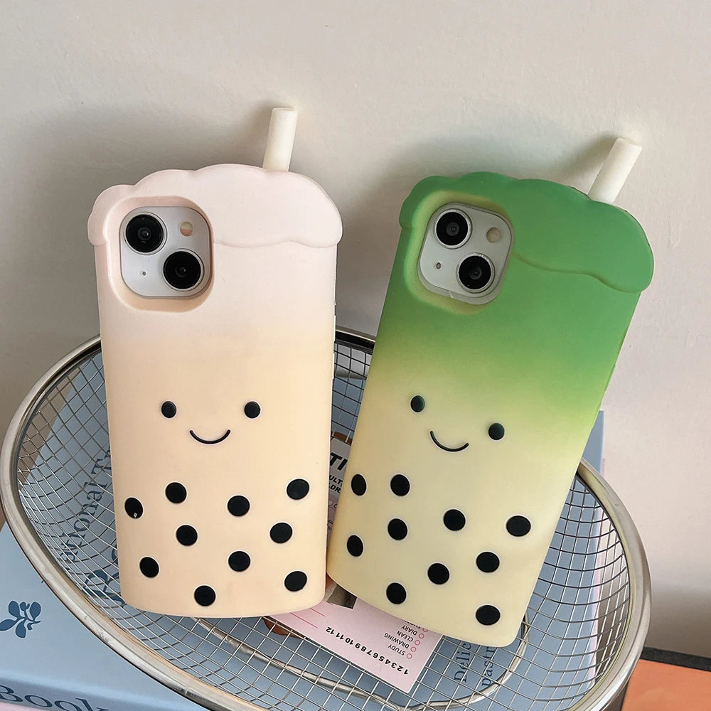 Cute 3D Smile Pearl Milk Tea Cup Phone Case for iPhone 16 Plus 16e 15 14 13 12 Pro Max Shock Proof Soft Silicone Back Cover