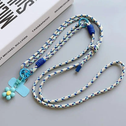 1Pc Nylon Phone Strap With Flower Pendant & Card Charms Colorful Long Phone Lanyard Detachable Anti Lost Phone Shoulder Strap