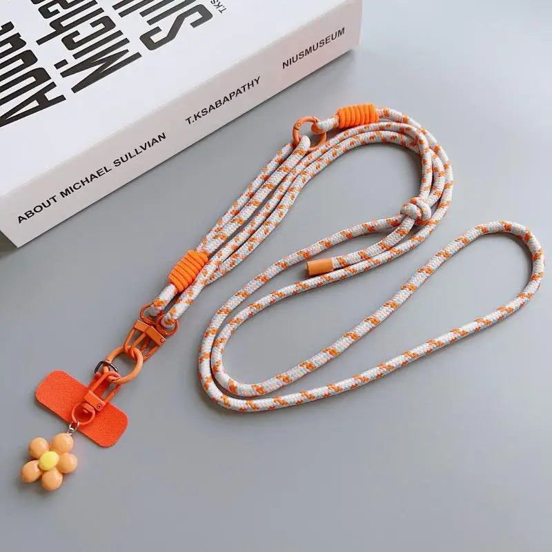 1Pc Nylon Phone Strap With Flower Pendant & Card Charms Colorful Long Phone Lanyard Detachable Anti Lost Phone Shoulder Strap