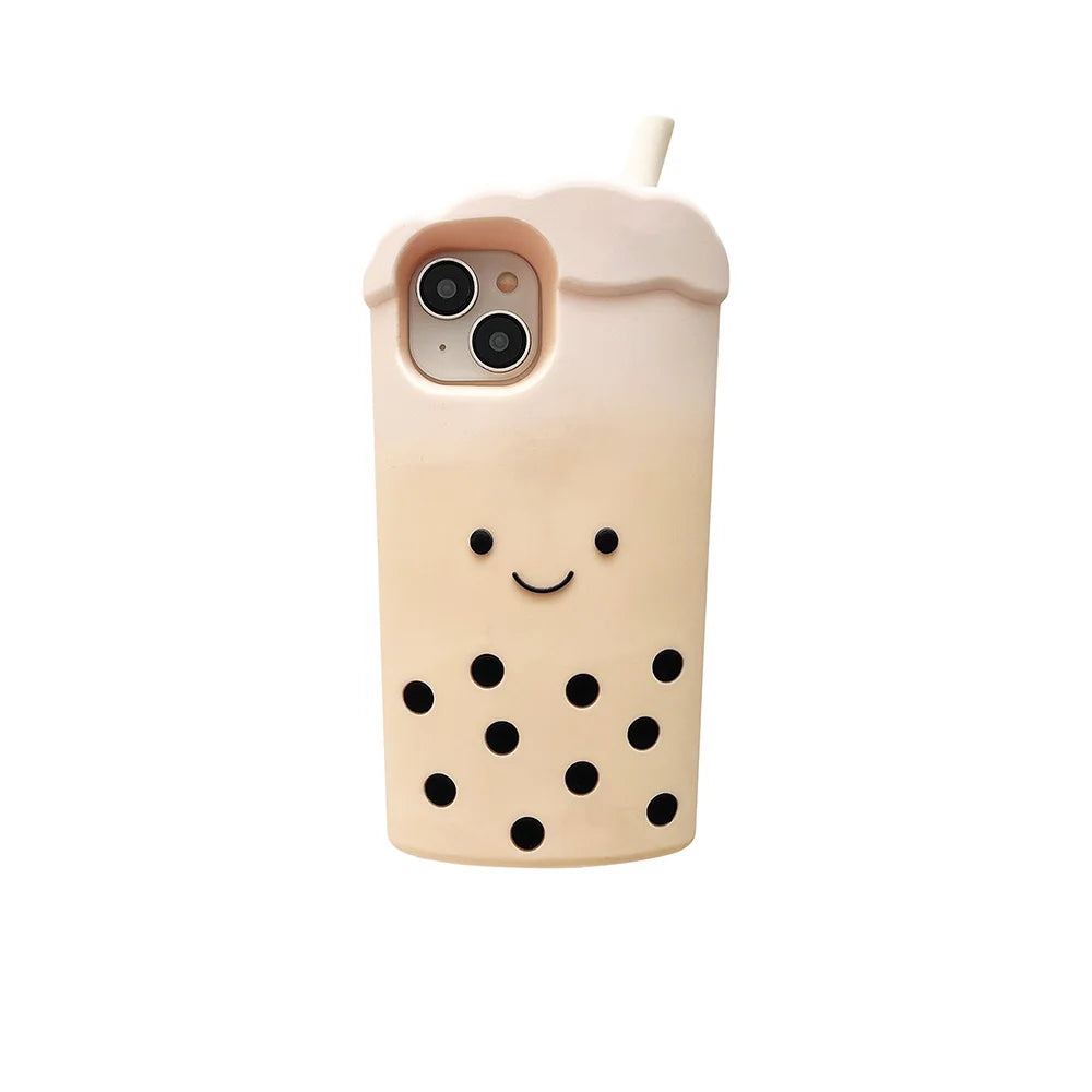 Cute 3D Smile Pearl Milk Tea Cup Phone Case for iPhone 16 Plus 16e 15 14 13 12 Pro Max Shock Proof Soft Silicone Back Cover