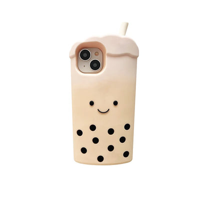 Cute 3D Smile Pearl Milk Tea Cup Phone Case for iPhone 16 Plus 16e 15 14 13 12 Pro Max Shock Proof Soft Silicone Back Cover