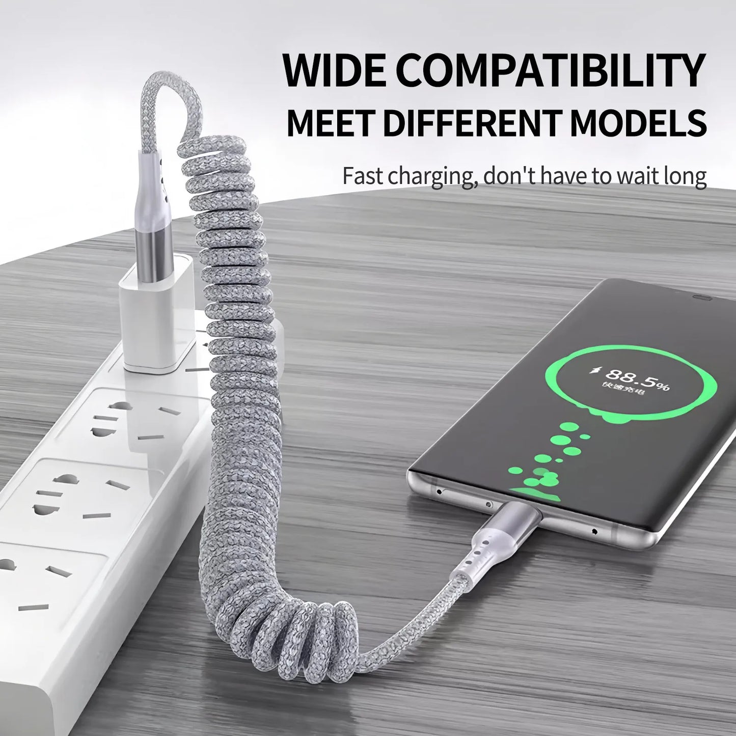 90 Degree Coiled USB-A to USB C Cable Stretchable Braided Fast Charging Charging Cord, Compatible with Samsung Galaxy，iPhone 16