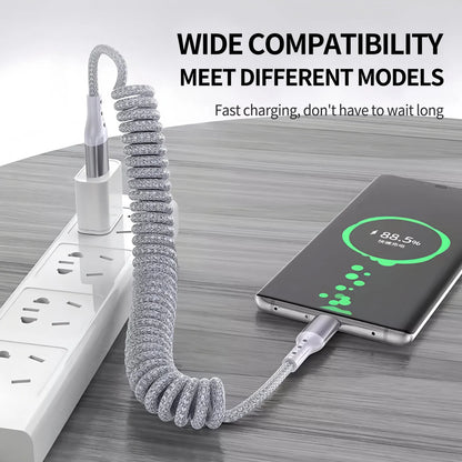 90 Degree Coiled USB-A to USB C Cable Stretchable Braided Fast Charging Charging Cord, Compatible with Samsung Galaxy，iPhone 16