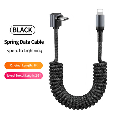 90 Degree Coiled USB-A to USB C Cable Stretchable Braided Fast Charging Charging Cord, Compatible with Samsung Galaxy，iPhone 16