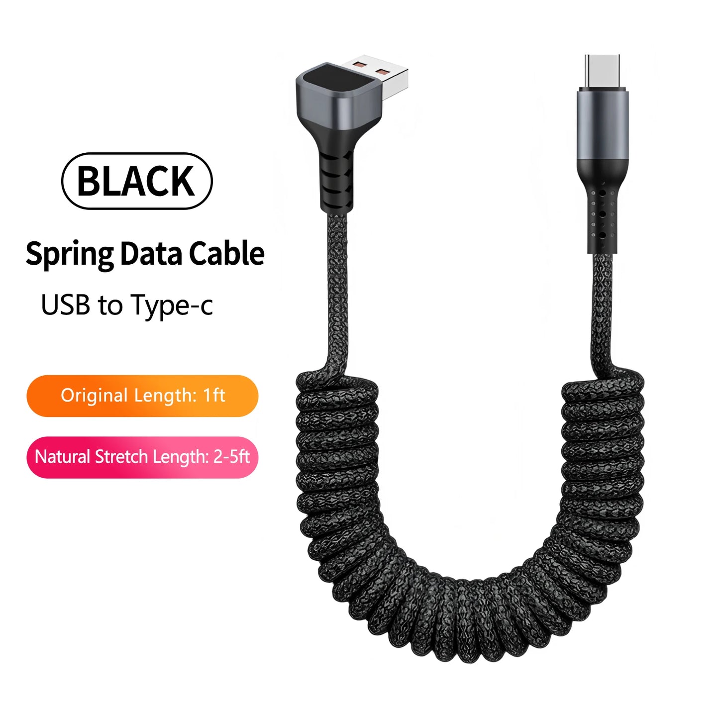 90 Degree Coiled USB-A to USB C Cable Stretchable Braided Fast Charging Charging Cord, Compatible with Samsung Galaxy，iPhone 16