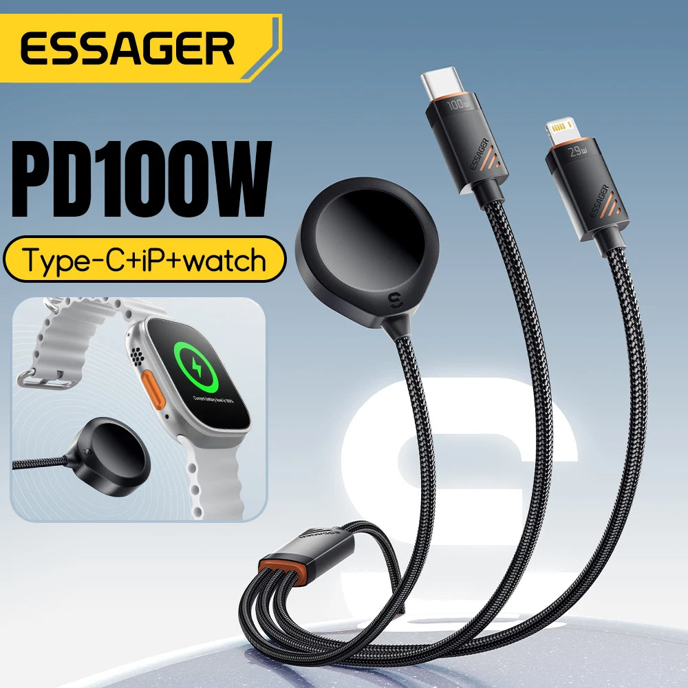Essager 100W 3 in 1 USB C Charging Cable for Apple iWatch iPhone With Type C Lighting Multi-Charging Cable Magnetic Watch Charge