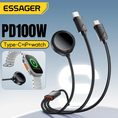 Essager 100W 3 in 1 USB C Charging Cable for Apple iWatch iPhone With Type C Lighting Multi-Charging Cable Magnetic Watch Charge
