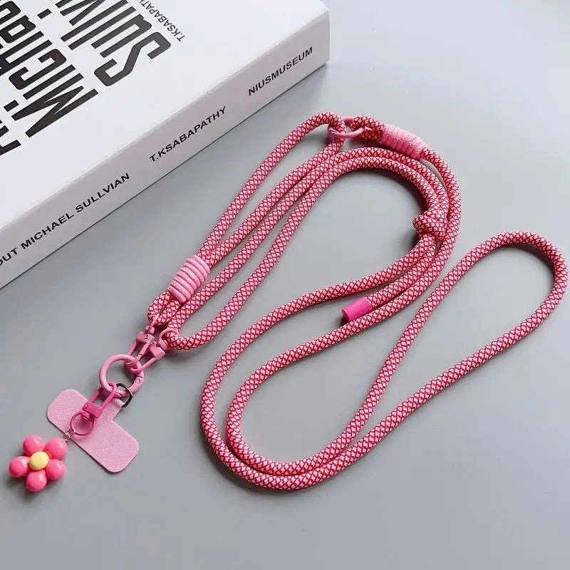 1Pc Nylon Phone Strap With Flower Pendant & Card Charms Colorful Long Phone Lanyard Detachable Anti Lost Phone Shoulder Strap