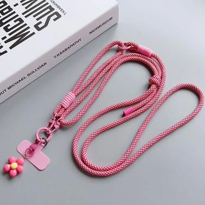 1Pc Nylon Phone Strap With Flower Pendant & Card Charms Colorful Long Phone Lanyard Detachable Anti Lost Phone Shoulder Strap
