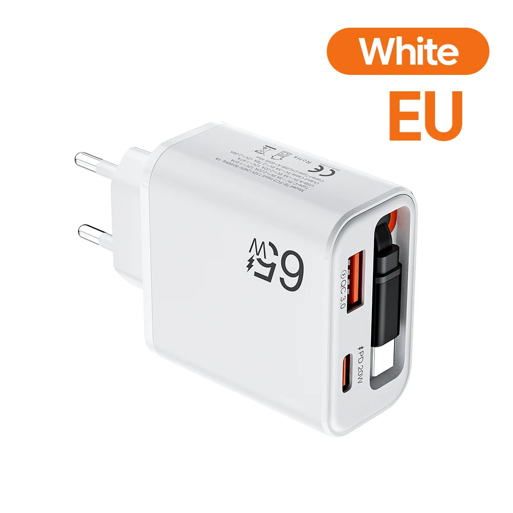 65W USB Phone Charger With Retractable Super Fast Charging Type C Cable For iPhone 17 16 POCO Xiaomi QC 3.0 USB PD Wall Charger