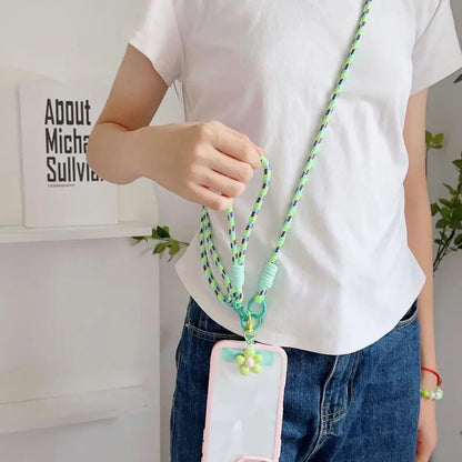 1Pc Nylon Phone Strap With Flower Pendant & Card Charms Colorful Long Phone Lanyard Detachable Anti Lost Phone Shoulder Strap