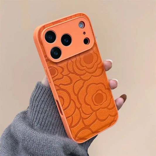 Camellia Flower Matte Leather Texture Phone Case For iPhone 17 Air 16 15 14 13 12 11 Plus Pro Max Shockproof Anti-Scratch Cover