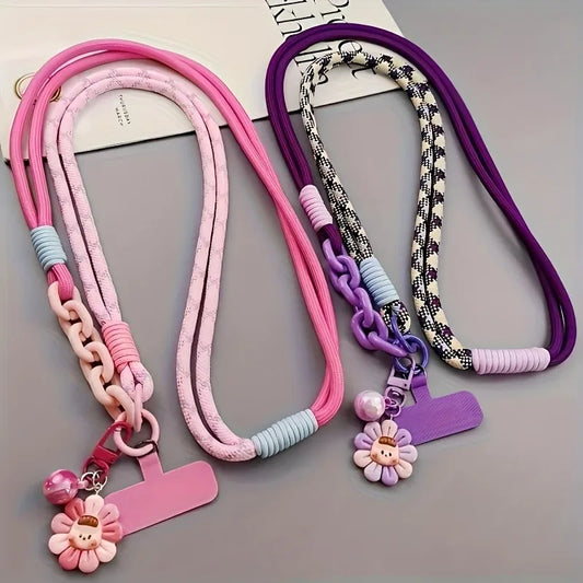 Fashion Colorful Phone Lanyard Crossbody Braided Rope Shoulder Strap Neck Multi-Functional Anti-Loss Strap With Flower Pendant