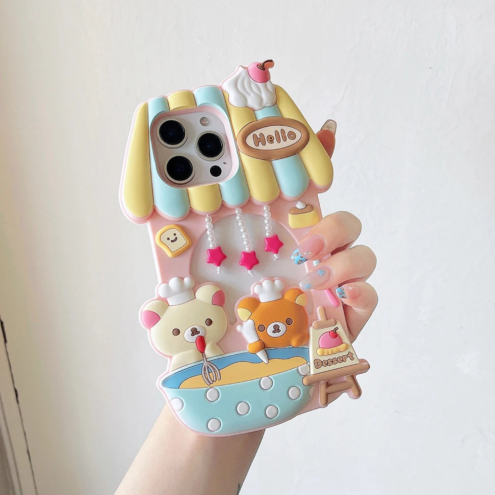 3D Cute Cartoon Bear in House,  Soft Silicone Phone Case For iPhone 12 13, 14 15, 16 17 promax, Back Cover Shell Skin Durable