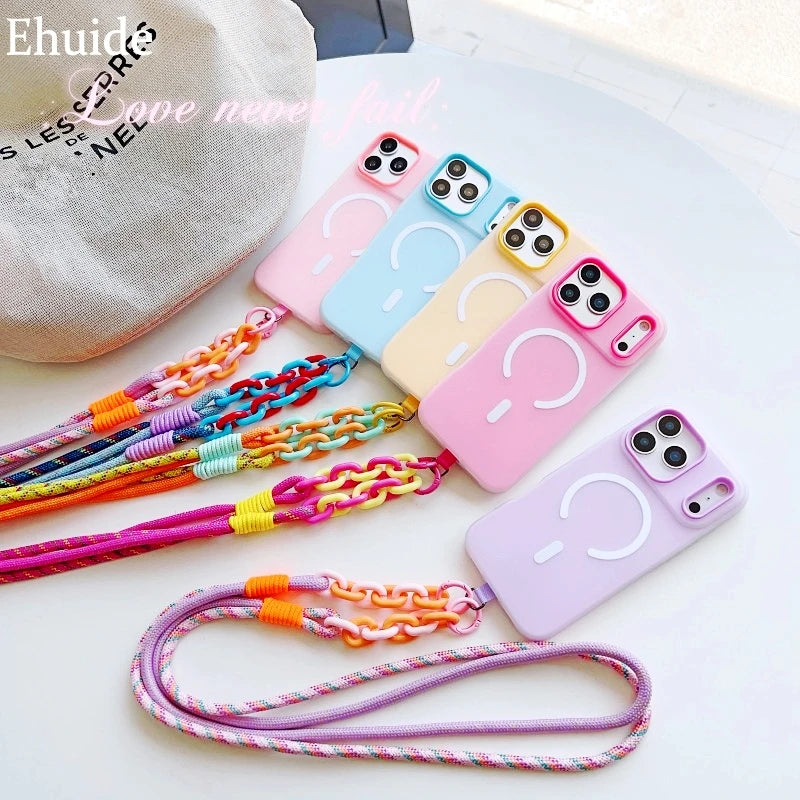 Magnetic Lanyard Case For iPhone 17 Pro Max 14 12 11 13 15 16 Plus 17 Air Shockproof Candy Crossbody Neck Cord Braid Strap Cover