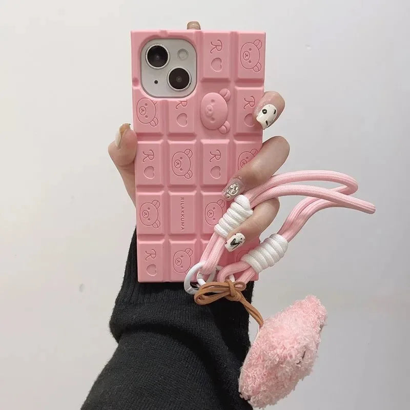 3D Chocolate Rilakkuma Phone Case For iphone 17 16 Pro Max 15 14 Plus 13 12 11 Pro Max Soft Cover with Cute Bear wrist strap