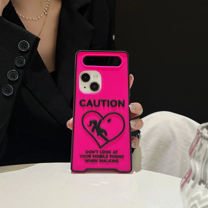 3D Funny Warmly Caution Sign Phone Case for iPhone 12 13 14 15 16 Pro Max Billboard Night Light Luminous Neon Color Soft Cover