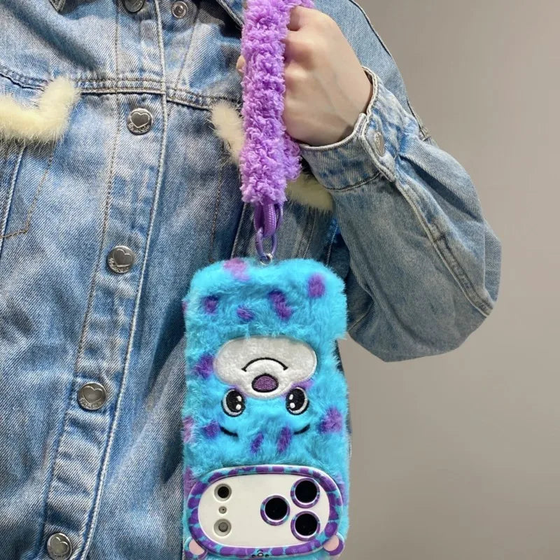 Disney Monsters Inc Sulley 3D Plush Phone Case with Fluffy Wrist Strap For Samsung Galaxy A14 A15 A16 A17 A05S A55 26 A36 A56