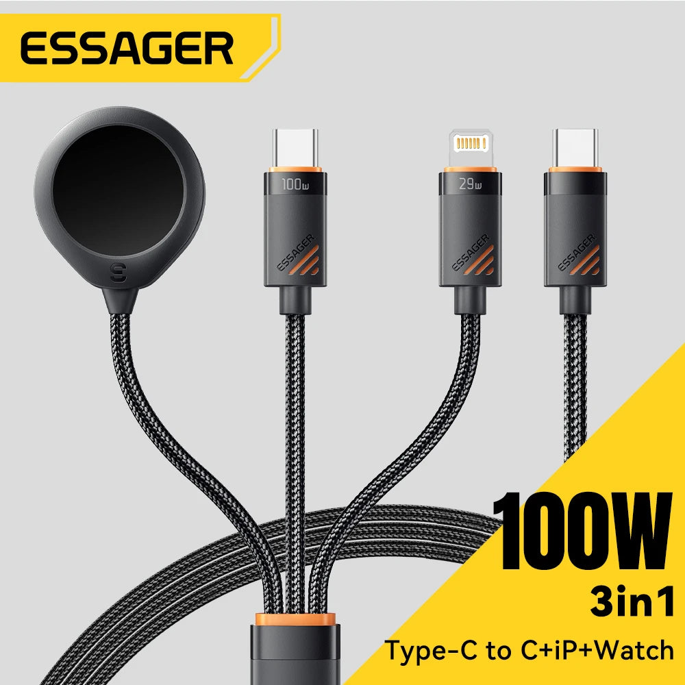 Essager 100W 3 in 1 USB C Charging Cable for Apple iWatch iPhone With Type C Lighting Multi-Charging Cable Magnetic Watch Charge