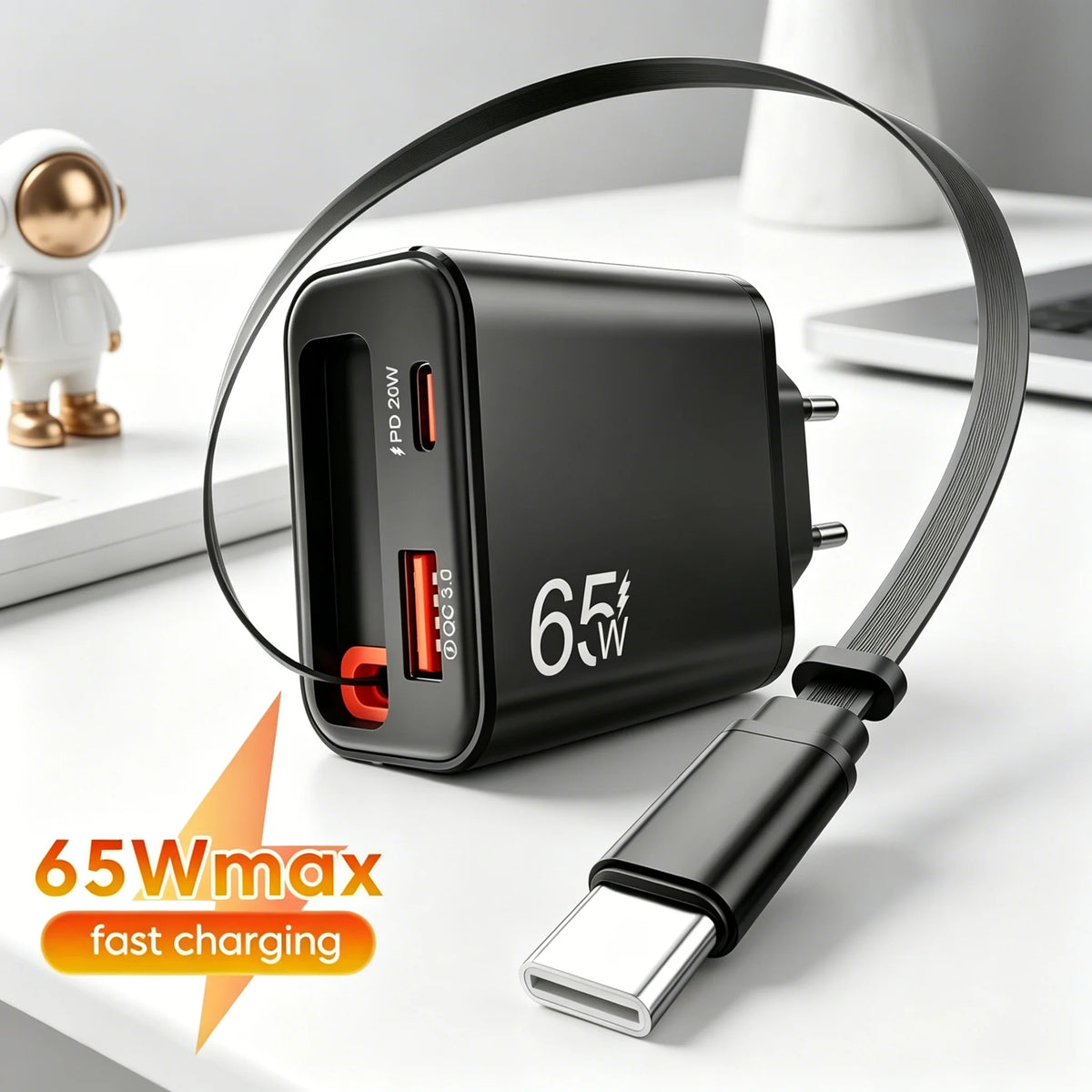 65W USB Phone Charger With Retractable Super Fast Charging Type C Cable For iPhone 17 16 POCO Xiaomi QC 3.0 USB PD Wall Charger