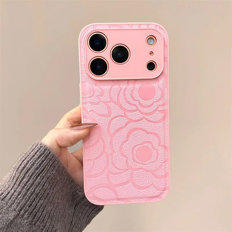 Camellia Flower Matte Leather Texture Phone Case For iPhone 17 Air 16 15 14 13 12 11 Plus Pro Max Shockproof Anti-Scratch Cover