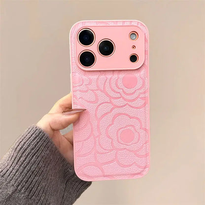 Camellia Flower Matte Leather Texture Phone Case For iPhone 17 Air 16 15 14 13 12 11 Plus Pro Max Shockproof Anti-Scratch Cover