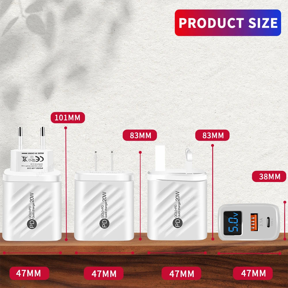 USB PD Charger 20W Fast Charging Type C Digital Display Phone Charge Adapter For iPhone Samsung Xiaomi Huawei USB C Wall Charger