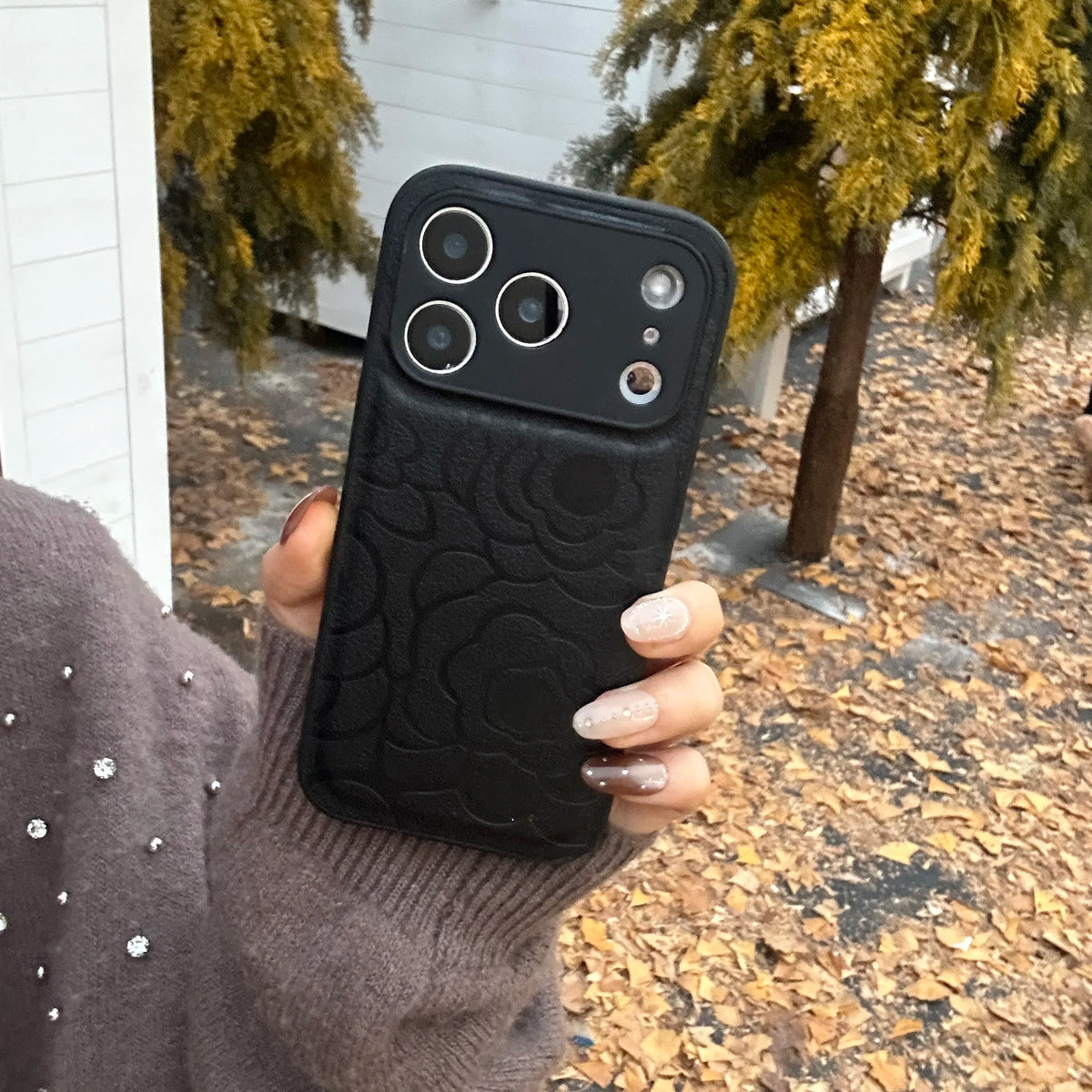 Camellia Flower Matte Leather Texture Phone Case For iPhone 17 Air 16 15 14 13 12 11 Plus Pro Max Shockproof Anti-Scratch Cover