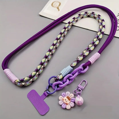 Fashion Colorful Phone Lanyard Crossbody Braided Rope Shoulder Strap Neck Multi-Functional Anti-Loss Strap With Flower Pendant